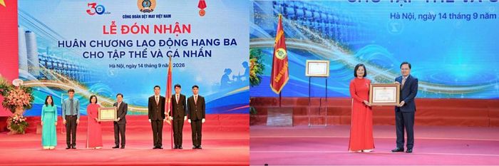 Trong không khí trang trọng của Lễ kỷ niệm, Công đoàn Dệt May Việt Nam và cá nhân bà Phạm Thị Thanh Tâm - Chủ tịch Công đoàn Dệt May Việt Nam vinh dự đón nhận Huân chương Lao động hạng Ba - phần thưởng cao quý của Đảng, Nhà nước, ghi nhận những đóng góp, nỗ lực của tổ chức Công đoàn và các thế hệ cán bộ, đoàn viên, người lao động trong suốt hành trình xây dựng và phát triển.