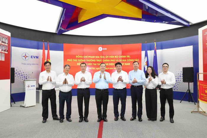 Các đại biểu chụp ảnh lưu niệm tại Nhà truyền thống ngành Điện lực Việt Nam.
