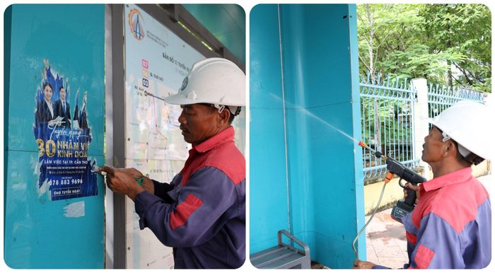 Công nhân vệ sinh và tháo dỡ các tấm quảng cáo dán trên các vách nhà chờ xe buýt