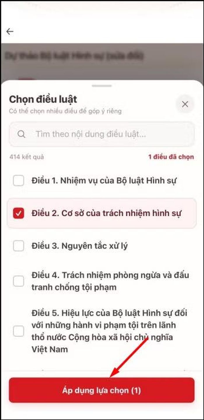 Màn hình chọn không tán thành và chọn điều luật cần góp ý; màn hình chọn điều luật.
