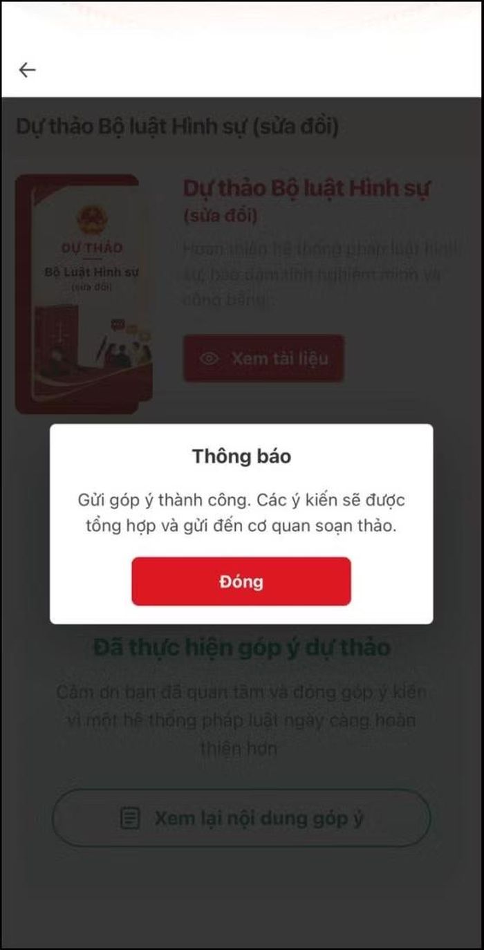 Màn hình thông báo gửi góp ý điều luật thành công.