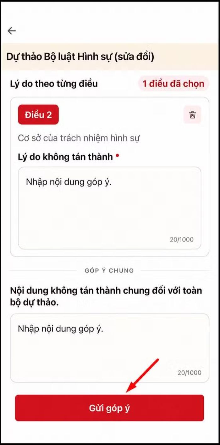 Màn hình sau khi nhập các nội dung không tán thành các điều và nội dung không tán thành chung toàn bộ dự thảo.