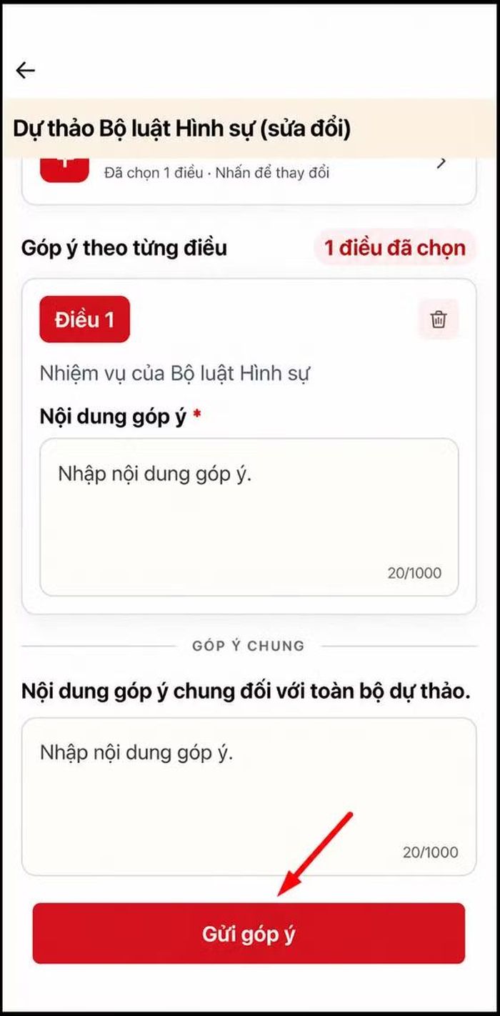 Màn hình sau khi nhập các nội dung góp ý các điều và nội dung góp ý chung với toàn bộ dự thảo.