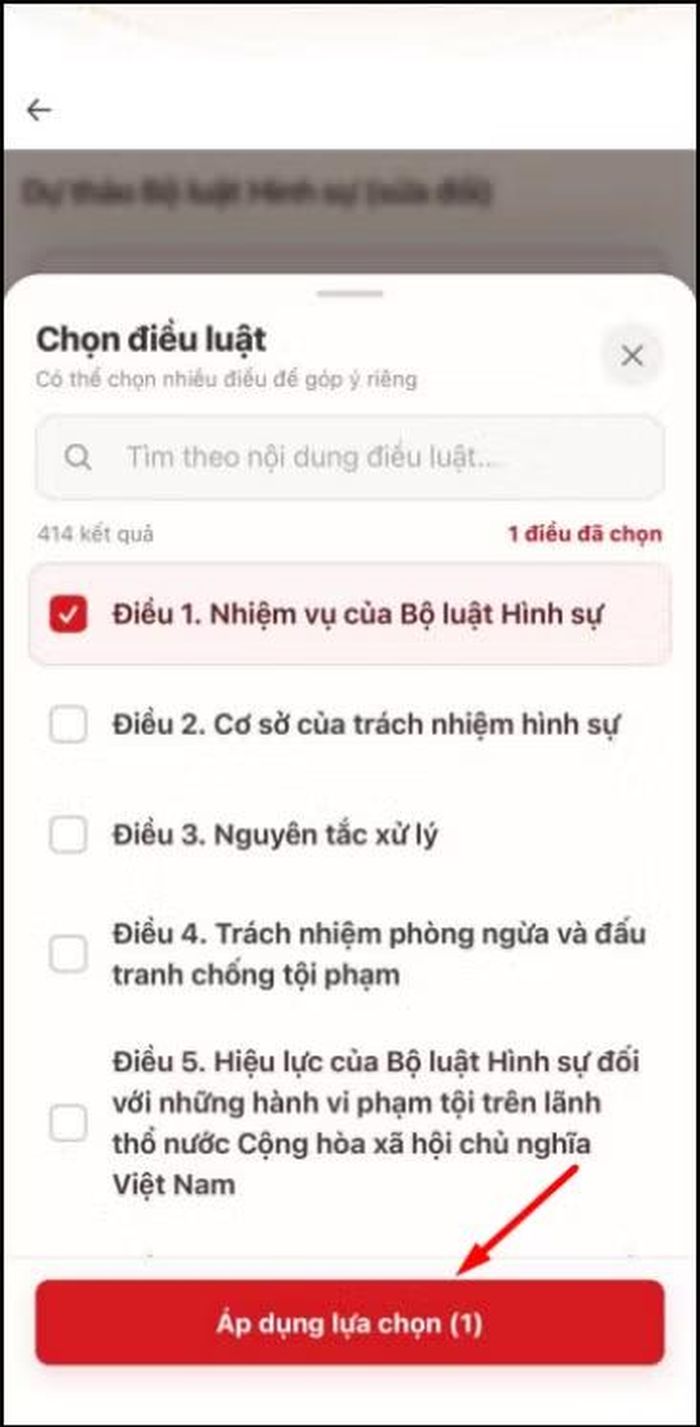 Màn hình tán thành có góp ý và chọn điều luật cần góp ý; màn hình chọn điều luật.