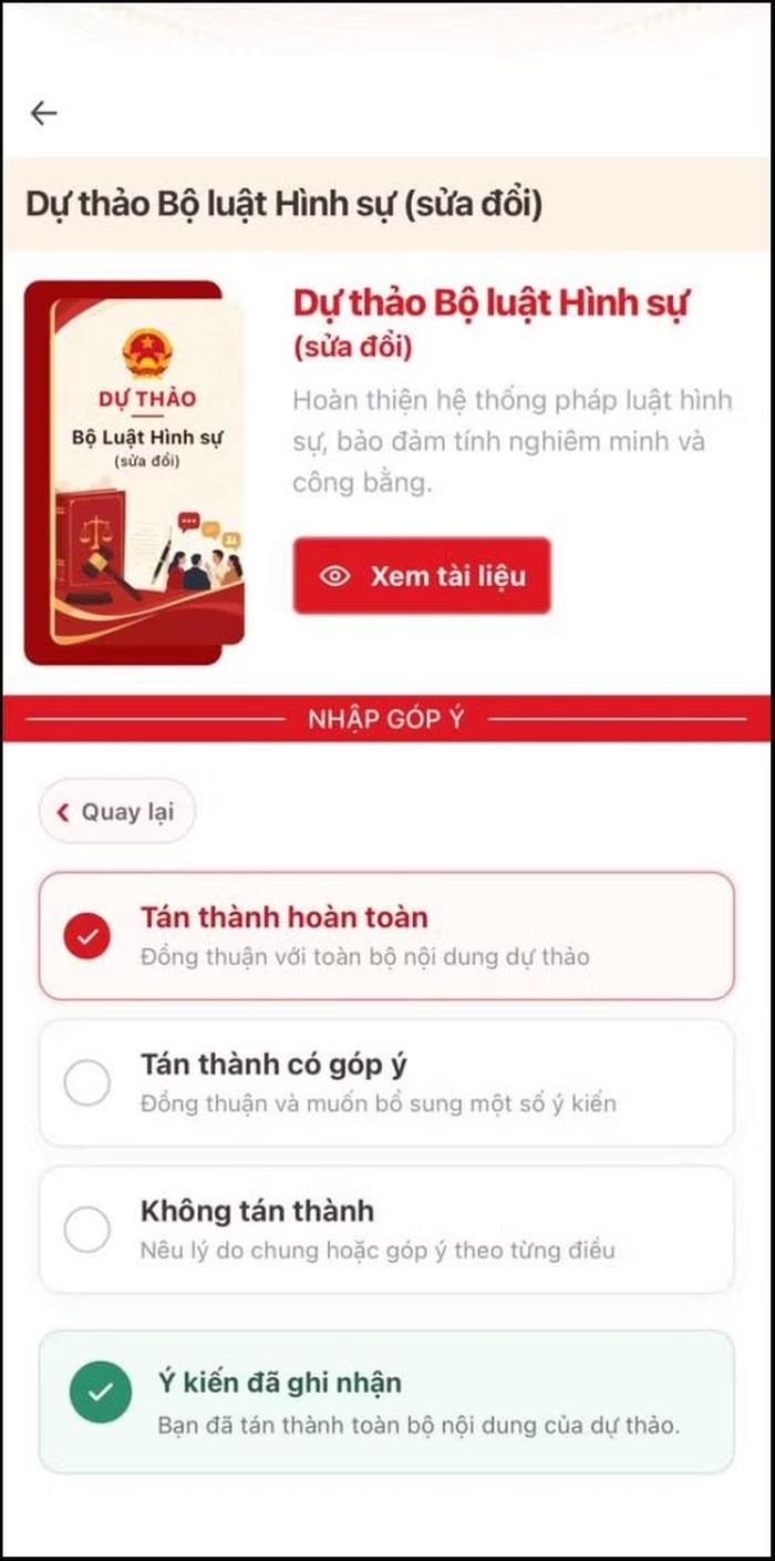 Màn hình sau khi đã thực hiện góp ý; màn hình xem lại nội dung góp ý đã gửi.
