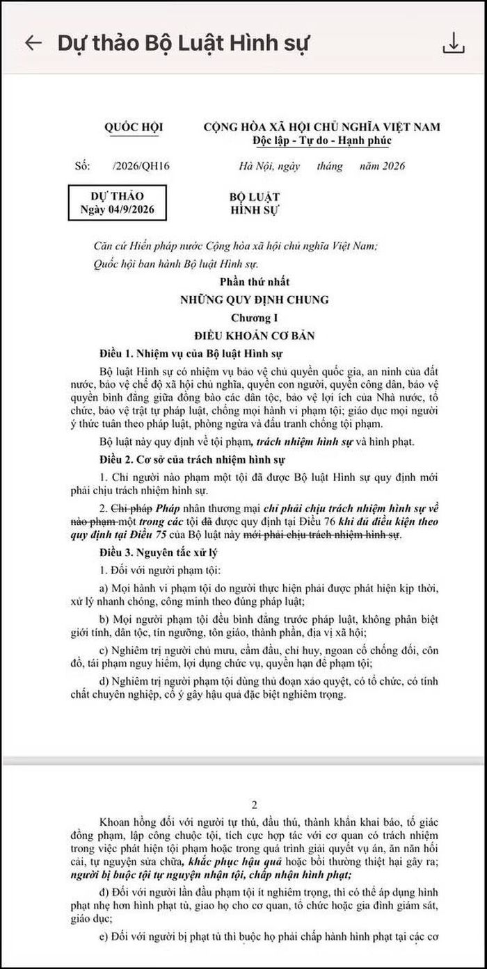 Màn hình nội dung dự thảo văn kiện.