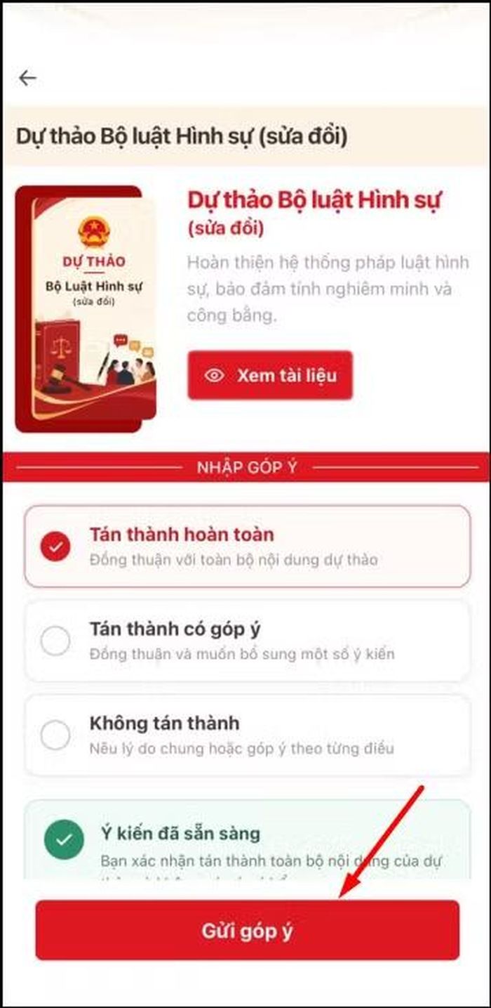 Màn hình chọn Tán thành hoàn toàn với dự thảo.