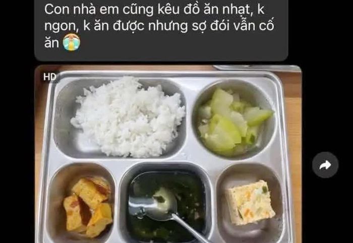 Nhiều học sinh về nhà phản ánh với bố mẹ là bữa ăn nhạt. Ảnh chụp màn hình