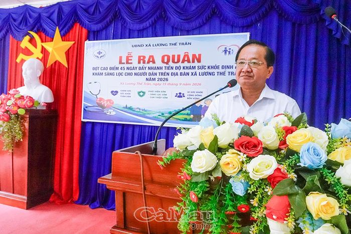 Đồng chí Lê Thanh Triều, Uỷ viên Ban Thường vụ Tỉnh uỷ, Phó Chủ tịch Thường trực Uỷ ban MTTQ Việt Nam tỉnh Cà Mau, dự và phát biểu chỉ đạo tại lễ phát động của Xã Lương Thế Trân.