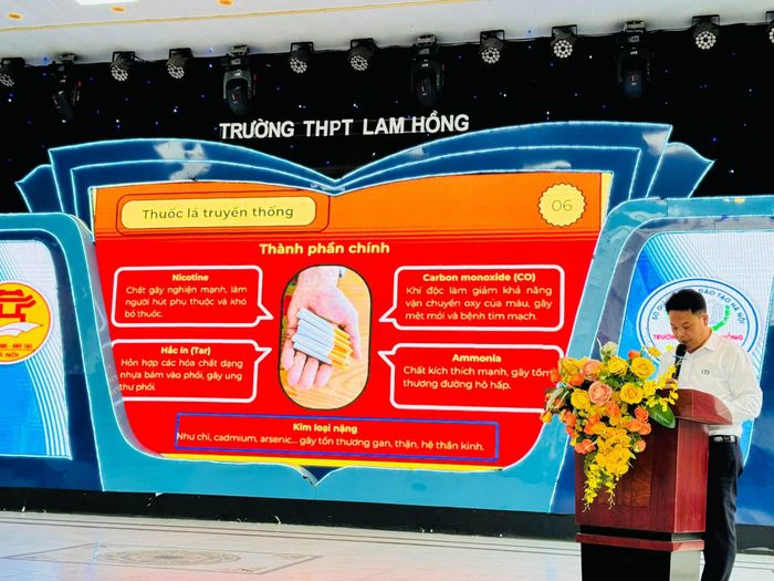 Học sinh được nhận diện rõ tác hại của nicotine và các chất gây nghiện đối với não bộ, sức khỏe, tâm lý và hành vi của tuổi vị thành niên. Ảnh: THPT Lam Hồng