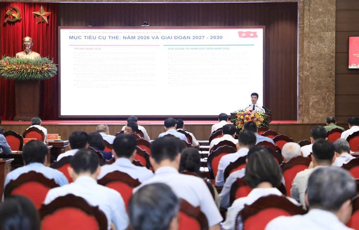 Phó Chủ tịch UBND thành phố Hà Nội Bùi Duy Cường báo cáo chuyên đề tại hội nghị. Ảnh: Quang Thái