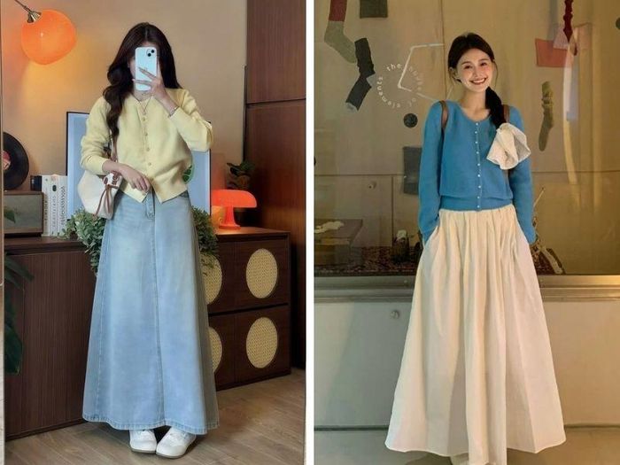 Cardigan + chân váy là combo phù hợp mùa thu. Cardigan dáng lửng đi cùng chân váy cạp cao giúp phần eo trông gọn hơn, đồng thời tạo cảm giác đôi chân dài thêm một chút. Những nàng mê vibe tiểu thư có thể chọn chân váy midi, còn muốn trẻ trung và cá tính hơn thì nhất định phải là mini skirt.