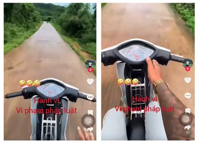 Hình ảnh thanh niên 25 tuổi ở Gia Lai buông 2 tay khi lái xe, quay video đăng tải mạng xã hội. Ảnh cắt từ clip