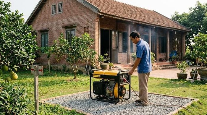 Máy phát điện cần được đặt ngoài trời, cách xa cửa ra vào, cửa sổ và lỗ thông gió để hạn chế khí CO xâm nhập vào nhà. Hình minh họa AI.