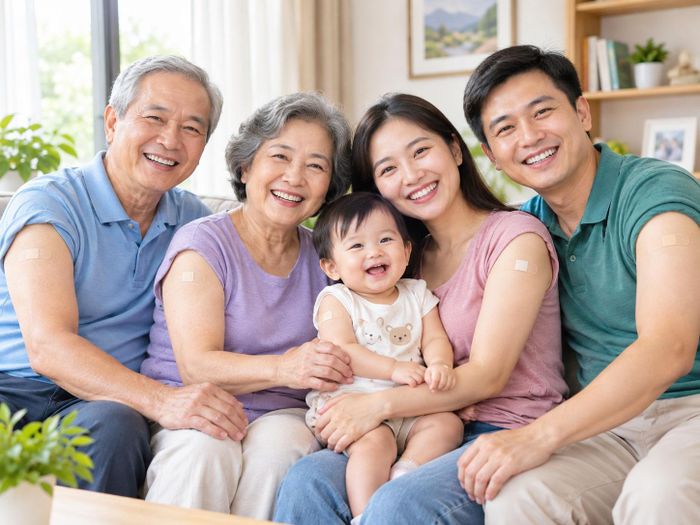 Gia đình nhiều thế hệ được tiêm vaccine đầy đủ, góp phần chủ động phòng ngừa bệnh truyền nhiễm và bảo vệ sức khỏe các thành viên.
