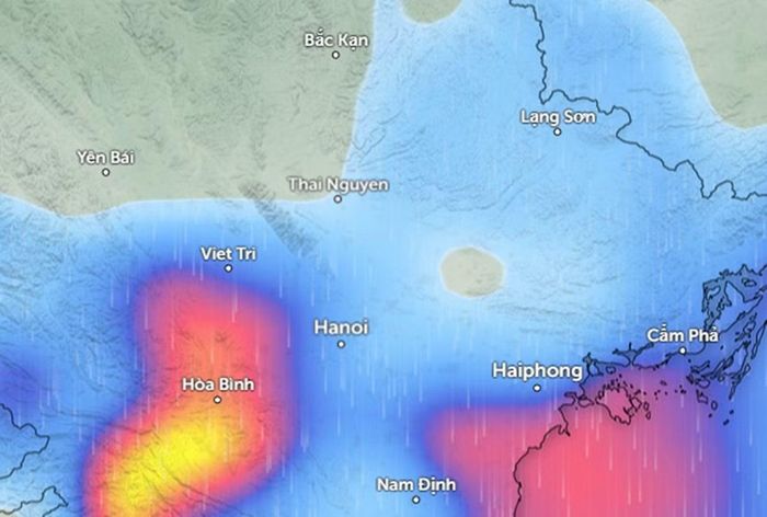 Dự báo mưa ở một số khu vực tại miền Bắc sáng mai, 17/9 (những vùng màu xanh da trời là mưa nhỏ đến vừa, màu đỏ là mưa vừa đến mưa to, màu vàng là mưa rất to). Ảnh: Zoom Earth, OpenStreetMap, ICON.