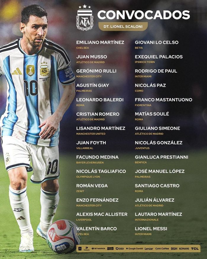  Danh sách triệu tập của tuyển Argentina. 