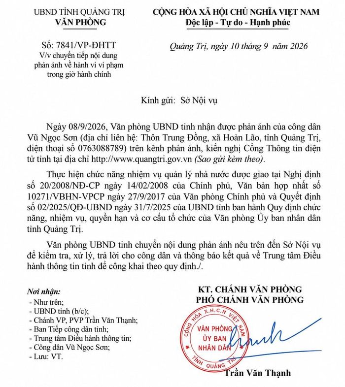 Văn phòng UBND tỉnh Quảng Trị yêu cầu Sở Nội vụ kiểm tra, xử lý, trả lời công dân