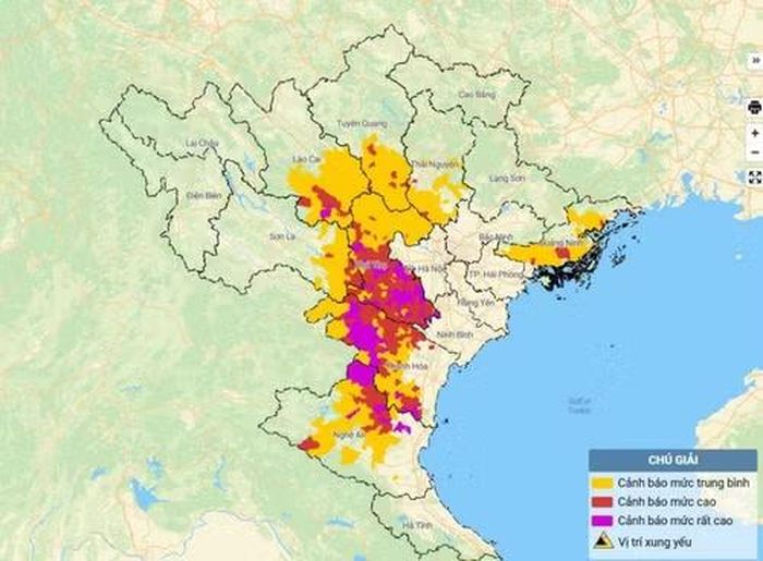 Bản đồ nguy cơ lũ quét, sạt lở đất đá trên các khu vực. (Nguồn: Trung tâm Dự báo khí tượng thủy văn quốc gia)