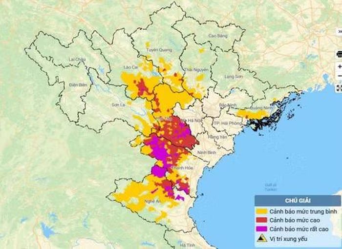 Bản đồ nguy cơ lũ quét, sạt lở đất đá trên các khu vực. (Nguồn: Trung tâm Dự báo khí tượng thủy văn quốc gia)