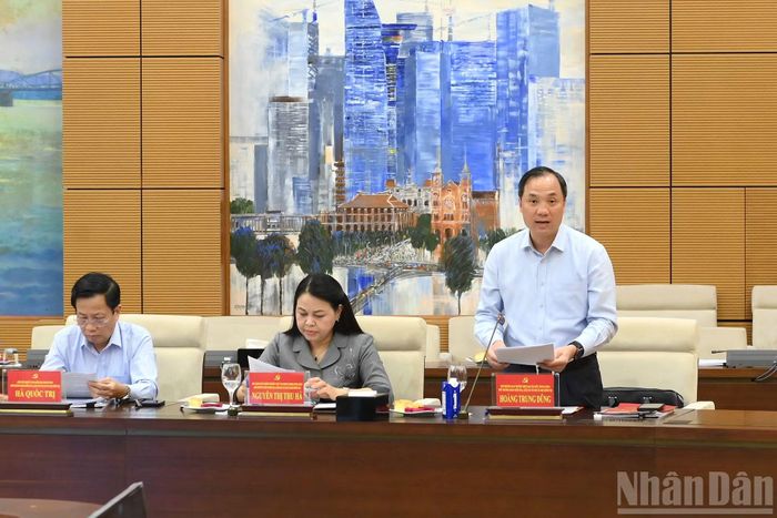 Phó Trưởng ban Thường trực Ban Tổ chức Trung ương Hoàng Trung Dũng trình bày báo cáo tại hội nghị.