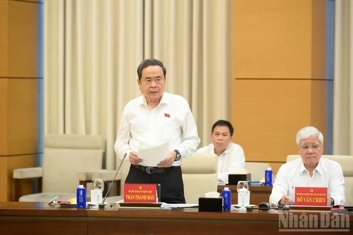 Ủy viên Bộ Chính trị, Bí thư Đảng ủy Quốc hội, Chủ tịch Quốc hội Trần Thanh Mẫn phát biểu tại hội nghị. (Ảnh: ĐĂNG KHOA)