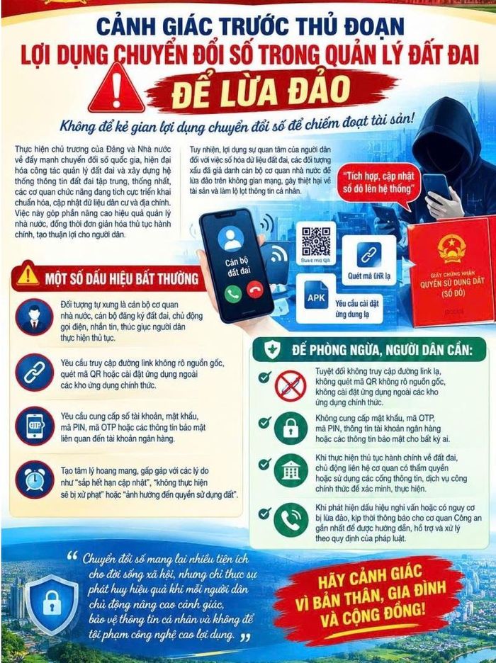 Cơ quan Công an khuyến cáo người dân cảnh giác trước thủ đoạn lừa đảo “định danh đất đai” và cập nhật sổ đỏ trên VneID.
