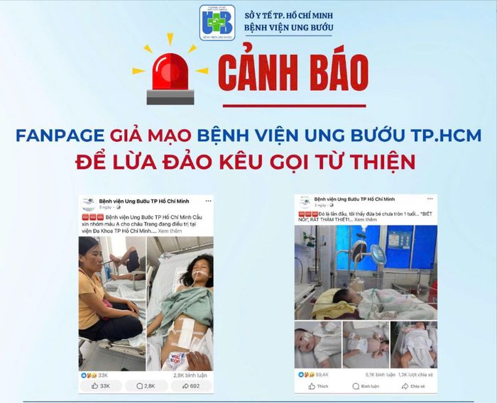 Bệnh viện Ung bướu TPHCM từng cảnh báo fanpage giả mạo. Ảnh: Bệnh viện cung cấp 