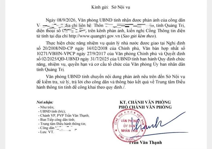 Văn bản của Văn phòng UBND tỉnh Quảng Trị gửi Sở Nội vụ.