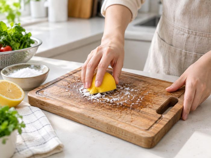 Vệ sinh thớt gỗ bằng chanh và muối là phương pháp tự nhiên, an toàn. Ảnh minh họa: AI
