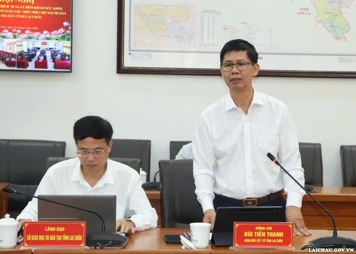 Giám đốc Sở Y tế Lai Châu Bùi Tiến Thanh báo cáo tại hội nghị. Ảnh: Cổng TTĐT Lai Châu