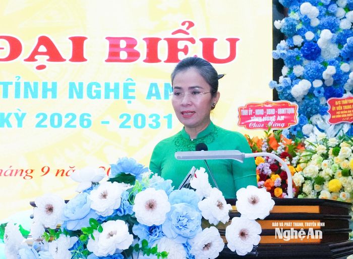 Đồng chí Võ Thị Minh Sinh – Phó Bí thư Tỉnh ủy, Chủ tịch Ủy ban MTTQ Việt Nam tỉnh phát biểu tại Đại hội. Ảnh: Mai Hoa