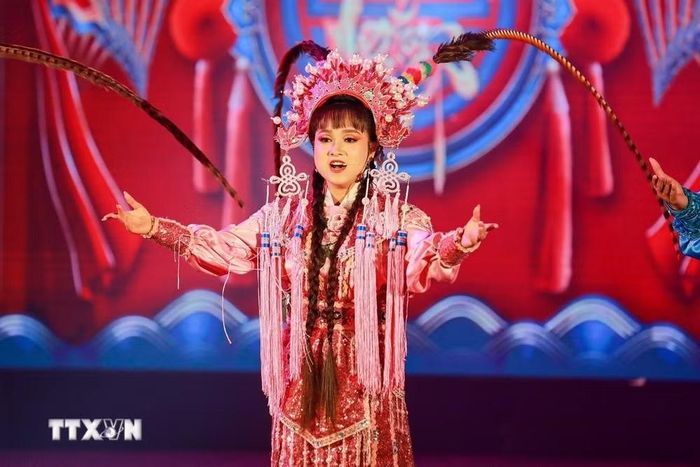 Tiết mục nghệ thuật do các nghệ sỹ Đoàn Nghệ thuật cải lương Vàm Cỏ (Tây Ninh) biểu diễn. (Ảnh: Khánh Hòa/TTXVN)