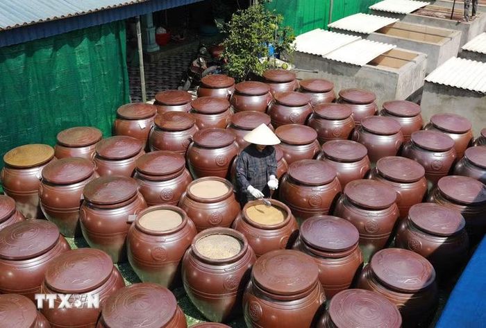 Cơ sở sản xuất nước ở làng nghề nước mắm truyền thống Sa Châu, (Ảnh: Vũ Sinh/TTXVN)