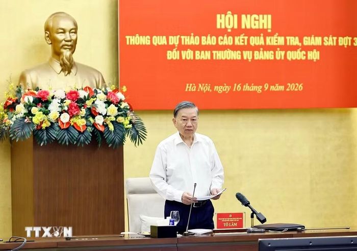 Tổng Bí thư, Chủ tịch nước Tô Lâm, Trưởng Đoàn Kiểm tra, giám sát số 218 phát biểu. (Ảnh: Doãn Tấn/TTXVN)