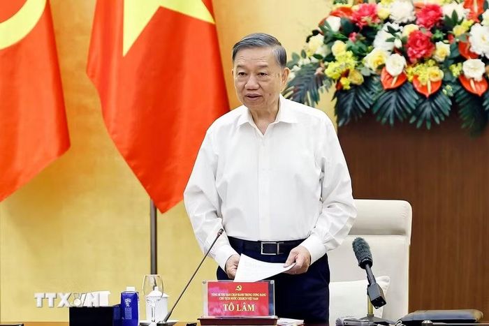 Tổng Bí thư, Chủ tịch nước Tô Lâm, Trưởng Đoàn Kiểm tra, giám sát số 218 phát biểu. (Ảnh: Doãn Tấn/TTXVN)