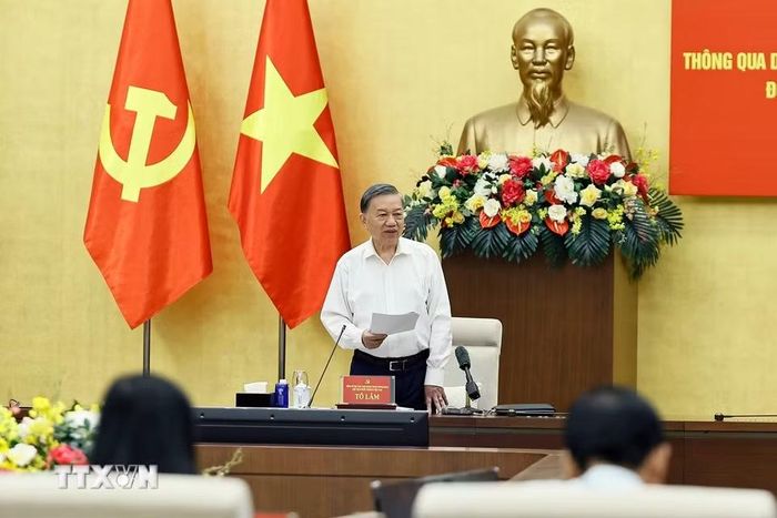 Tổng Bí thư, Chủ tịch nước Tô Lâm, Trưởng Đoàn Kiểm tra, giám sát số 218 phát biểu. (Ảnh: Doãn Tấn/TTXVN)