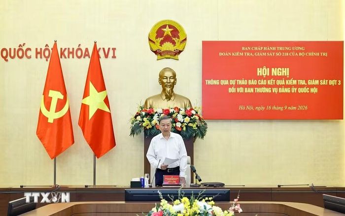 Tổng Bí thư, Chủ tịch nước Tô Lâm, Trưởng Đoàn Kiểm tra, giám sát số 218 phát biểu. (Ảnh: Doãn Tấn/TTXVN)