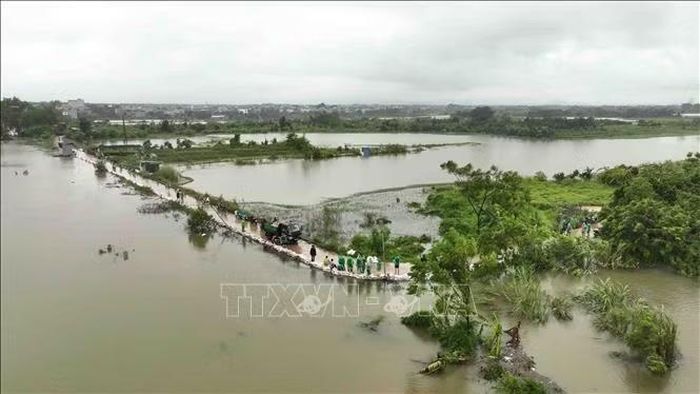 Đoạn đê bao sông Tích thuộc địa bàn thôn Liệp Mai, xã Ngọc Liệp, huyện Quốc Oai. Ảnh tư liệu: Vũ Sinh/TTXVN