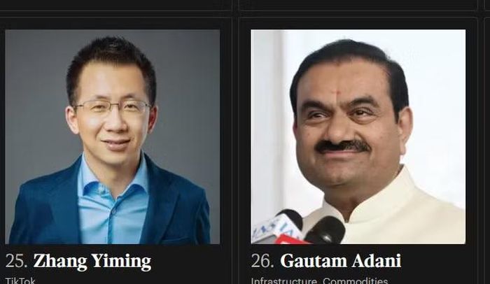 Vị trí của Trương Nhất Minh và Gautam Adani trong top100 người giàu nhất thế giới theo bảng xếp hạng của Forbes.