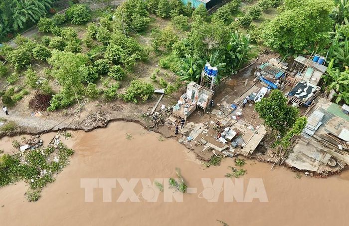 Mép bờ sông Hậu (xã Mỹ Hoà Hưng, An Giang) sau sạt lở bị biến dạng, nhiều vị trí xuất hiện dấu hiệu mất ổn định. Ảnh: Thanh Sang-TTXVN