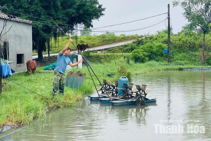 Người nuôi sẵn sàng máy sục khí để bảo đảm ôxy cho đối tượng thủy sản khi nước tăng đột ngột.