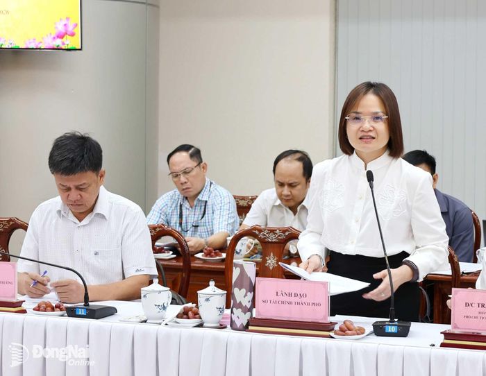 Ủy viên Ban Thường vụ Thành ủy, Giám đốc Sở Tài chính Trương Thị Hương Bình báo cáo tại buổi làm việc. Ảnh: Ngọc Liên