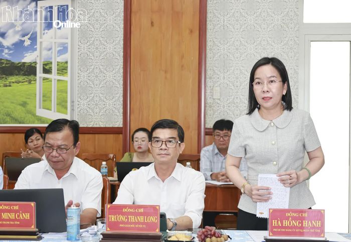 Đồng chí Hà Hồng Hạnh - Phó Bí thư Đảng ủy Mặt trận Tổ quốc, các đoàn thể tỉnh, Phó Trưởng đoàn kiểm tra phát biểu tại buổi làm việc.