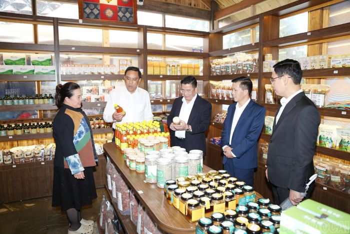 Phó Bí thư Thường trực Tỉnh ủy Hoàng Giang thăm gian trưng bày các sản phẩm OCOP của tỉnh Lào Cai tại Không gian Văn hóa Sa Pa.