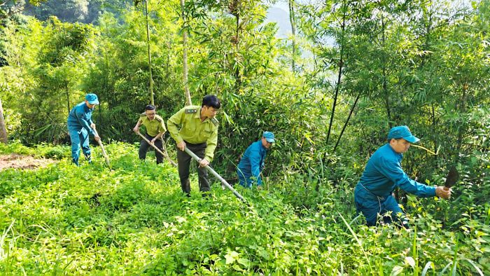 Cán bộ Hạt Kiểm lâm khu vực IX cùng dân quân xã Lóng Sập phát đường băng cản lửa.