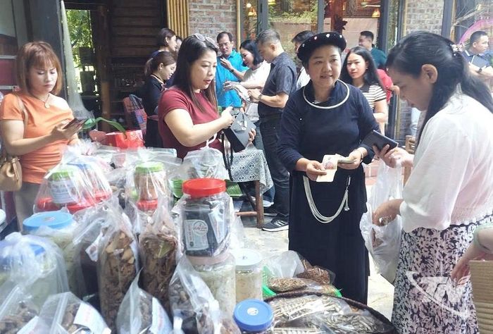 Du khách lựa chọn, mua nông sản và các sản phẩm đặc trưng của địa phương làm quà tặng người thân sau chuyến tham quan, trải nghiệm tại Thái Nguyên.