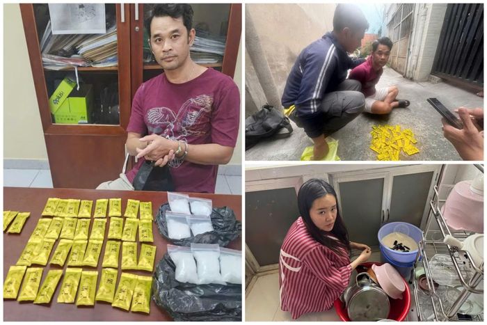 Đối tượng Lê Quốc Duy và Huỳnh Ngọc Thuý Như cùng tang vật là các đầu đốt tinh dầu chứa ma túy Etomidate được giấu trong thùng gạo.