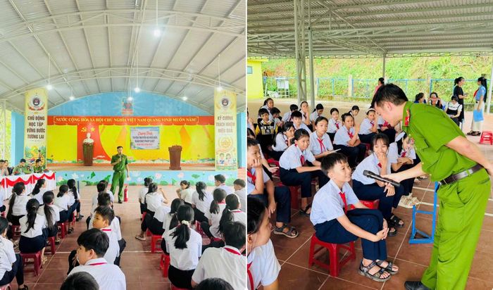 Công an xã Hiệp Đức đẩy mạnh tuyên truyền phòng, chống ma túy cho các em học sinh.
