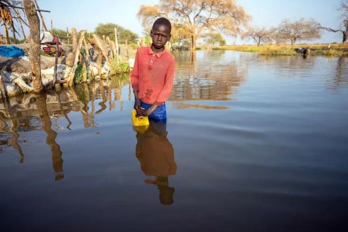 Mathiei Makuol, 13 tuổi, đang múc nước bẩn từ nước lũ ở làng Panyagor, bang Jonglei, Nam Sudan. UNICEF kêu gọi hành động khẩn cấp để bảo vệ trẻ em khỏi một cuộc khủng hoảng có thể dự đoán trước. Ảnh: UNICEF